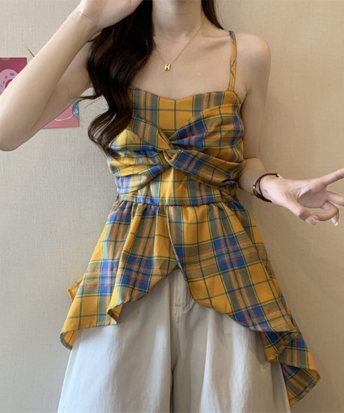 【美品】ブルーレーベル　リボンフリルチェックキャミソール　【36】 フリルリボンキャミビスチェ[品番：FROW0001347]｜by muni:r