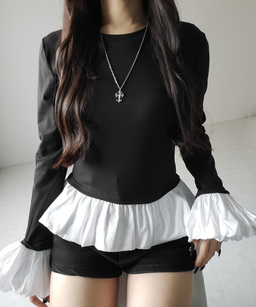 「 ２color 」裾バルーンフリルカットソートップス ／ hem balloon frill cutsew tops レディース