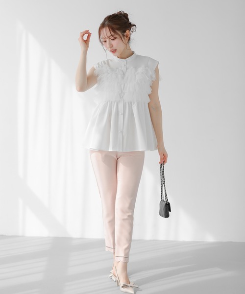 Fit more（フィットモア） ブラウス シャツ チュールドッキングフリル 