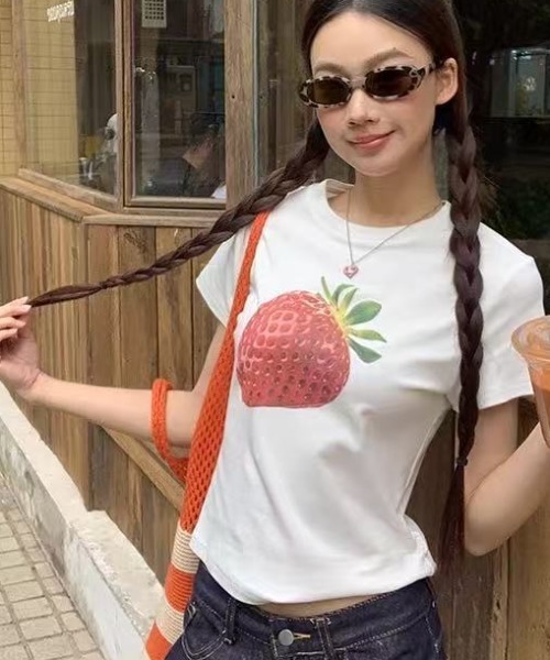 AsRiRe tシャツ 新柄追加/イチゴ柄プリントTシャツ レディース