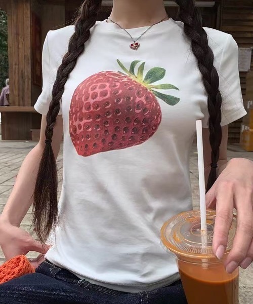 AsRiRe tシャツ 新柄追加/イチゴ柄プリントTシャツ レディース