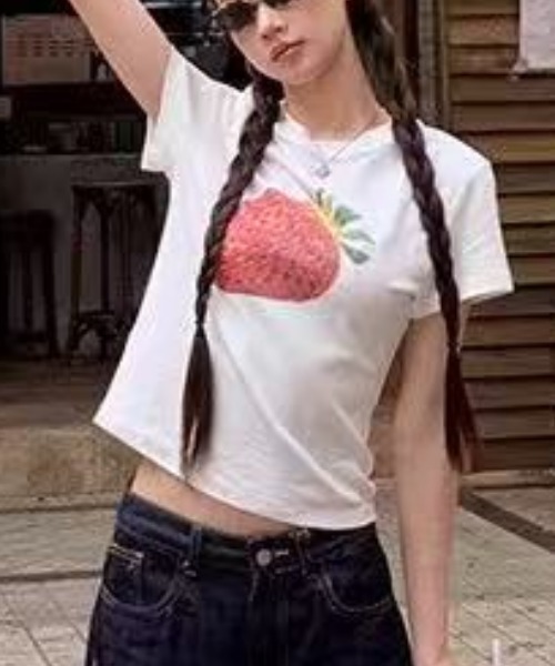 AsRiRe tシャツ 新柄追加/イチゴ柄プリントTシャツ レディース