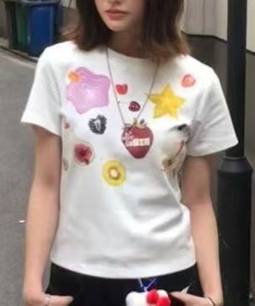 AsRiRe tシャツ 新柄追加/イチゴ柄プリントTシャツ レディース