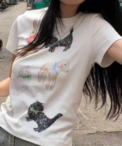 AsRiRe tシャツ 新柄追加/イチゴ柄プリントTシャツ レディース