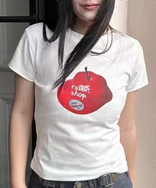 AsRiRe tシャツ 新柄追加/イチゴ柄プリントTシャツ レディース