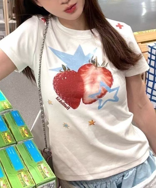 AsRiRe tシャツ 新柄追加/イチゴ柄プリントTシャツ レディース