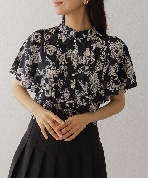 【クロスアンドクロス】タグ付き ブラウス F 白 総レース 花柄 スタンドカラー Lace Ladies（レースレディース） ブラウス シャツ 半袖 スタンド