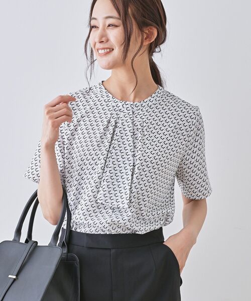 INDIVI　ボウタイブラウス オフホワイト 【INDIVI】ブラウス 7分袖 ツイル ストレッチ