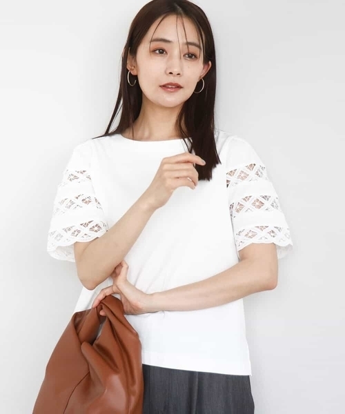 tシャツ バテンレース袖五分袖カットソー/UVカット/接触冷感/洗える レディース