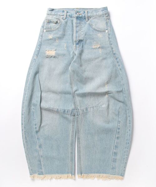「DouDou」 ダメージ加工デニムパンツ 38 サックスブルー レディース