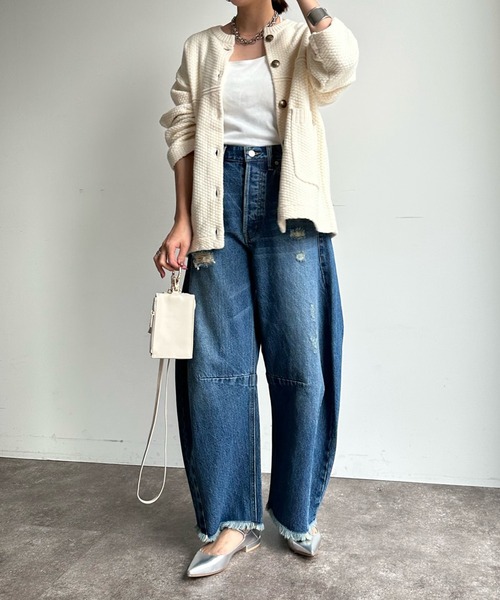 「DouDou」 ダメージ加工デニムパンツ 38 サックスブルー レディース