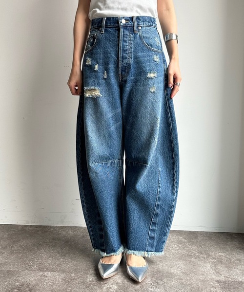 「DouDou」 ダメージ加工デニムパンツ 38 サックスブルー レディース