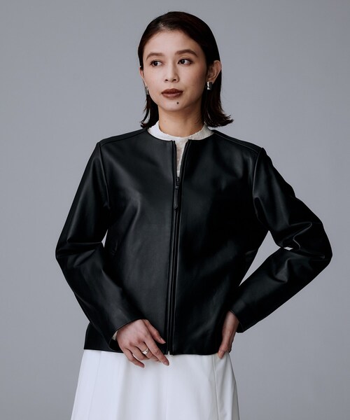美品✨untitled ノーカラー　ラムレザージャケット　サイズ2 ブラック UNTITLED（アンタイトル） レザージャケット ライダース 「着丈短め