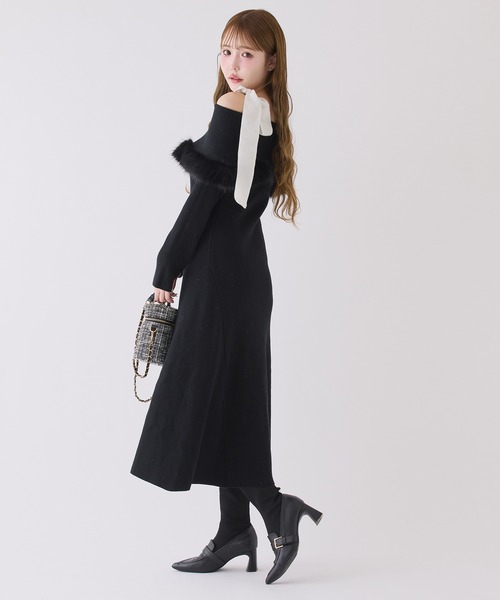 【試着のみ】lumignon ファーカフリボンニットワンピース one after another NICE CLAUP ワンピース 「S/Mサイズ展開