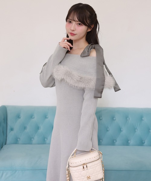 アイボリー リボン付きニットワンピース one after another NICE CLAUP ワンピース 「S/Mサイズ展開