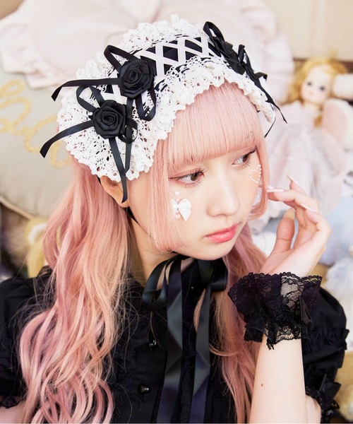 BODY LINE ボンネット　ヘッドドレス　ロリィタ　ピンク　黒　2色セット BODYLINE レースアップ2連薔薇ヘッドドレス : ZOZOTOWN Yahoo!店