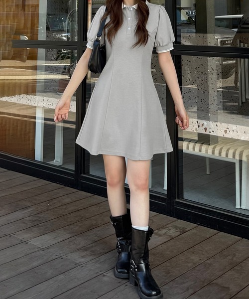 JUNOAH（ジュノア） ワンピース 半袖 配色パフスリーブミニポロ
