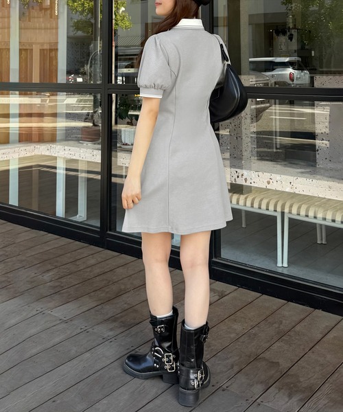 JUNOAH（ジュノア） ワンピース 半袖 配色パフスリーブミニポロ