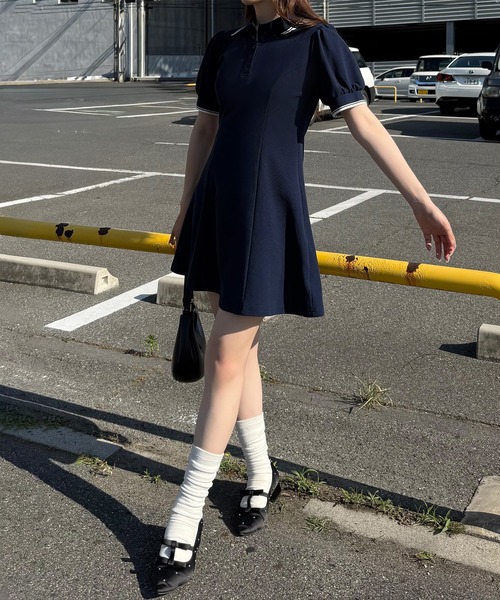 JUNOAH（ジュノア） ワンピース 半袖 配色パフスリーブミニポロ