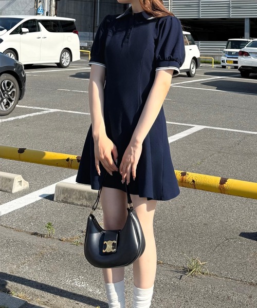 JUNOAH（ジュノア） ワンピース 半袖 配色パフスリーブミニポロ