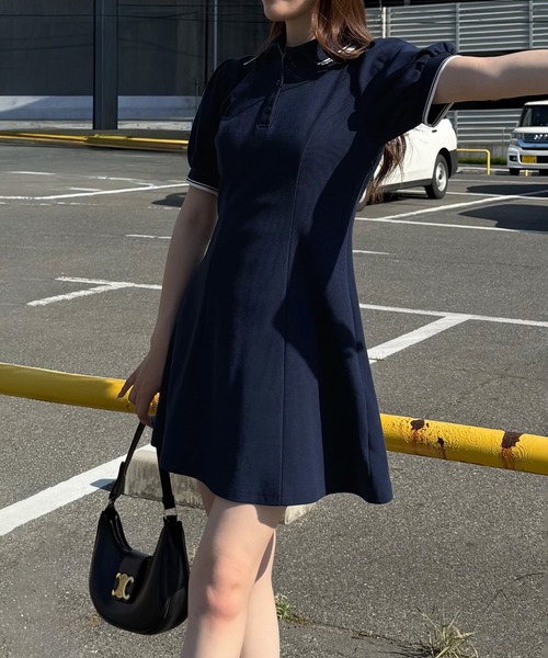 JUNOAH（ジュノア） ワンピース 半袖 配色パフスリーブミニポロ