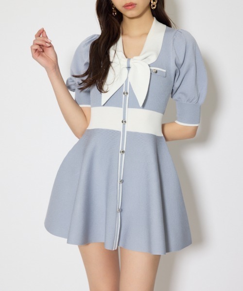 ワンピース バイカラーパフスリーブミニニットワンピース 春服 夏服の画像