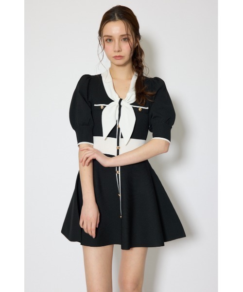 ワンピース バイカラーパフスリーブミニニットワンピース 春服 夏服の画像