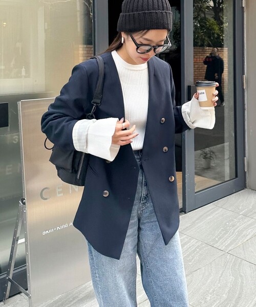 LovelyKeiki【新品タグ付き】FREDY ノーカラージャケット fredy emue（フレディエミュ） ノーカラージャケット 38 ネイビー