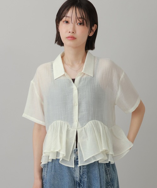 フリル襟 ドット シースルー 半袖ブラウス LAKOLE（ラコレ） ブラウス シャツ 半袖 ヘムフリルシアーシャツ