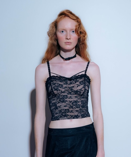 Carmelo カップ付き キャミソール Front Cross Lace Trim Camisole 