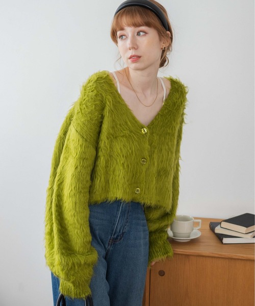 thinkfur シンクファー ファーカーディガン　イエロー WEGO カーディガン WEGO/ファータッチニットショートカーデ
