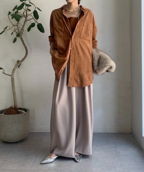 DOUDOU タックワイドパンツ　モカ DouDou スラックス パンツ タックワイドパンツ レディース