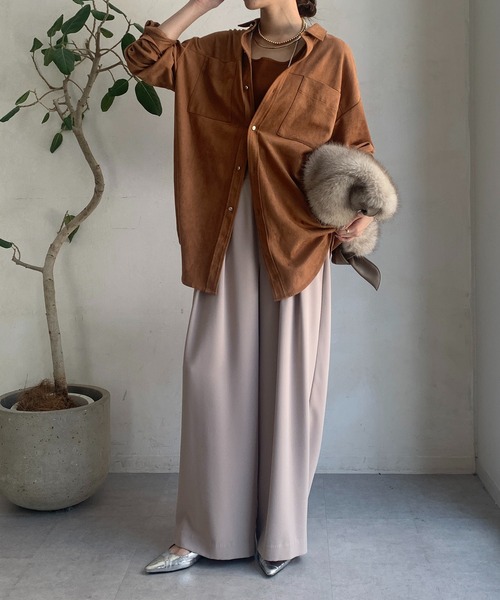 DOUDOU  ドゥドゥ　マイナス3キロ見え！　タックワイドパンツ  ブラウン DouDou（ドゥドゥ）の「【マイナス3キロ見え！】NEWタックワイド