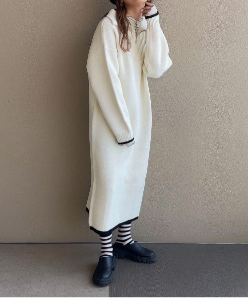 ワンピース 「XSサイズあり」バイカラーハーフジップニットワンピース