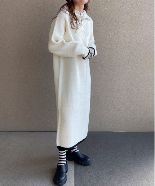 ワンピース 「XSサイズあり」バイカラーハーフジップニットワンピース