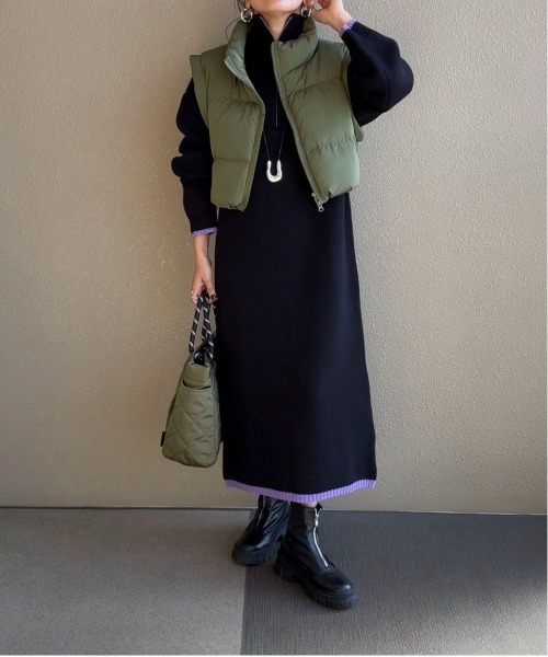 ワンピース 「XSサイズあり」バイカラーハーフジップニットワンピース