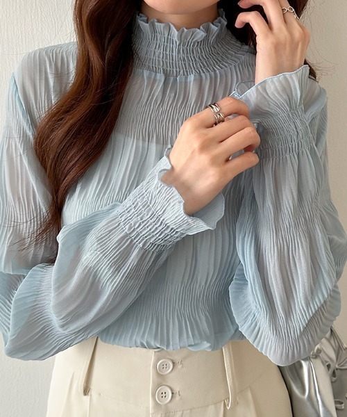 COCOMOMO ブラウス シャツ 透け感で華やぐ洗練シアー シャーリング