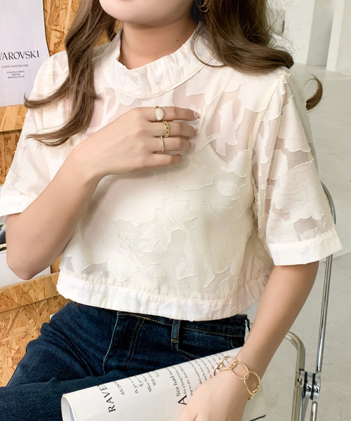 ブラウス シャツ 「洗える5分袖ブラウス」フラワースリーブプルオーバー レディース ブラウス シャツ 花柄シアー5分袖ブラウス レディース