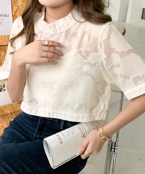 ブラウス シャツ 花柄シアー5分袖ブラウス レディース