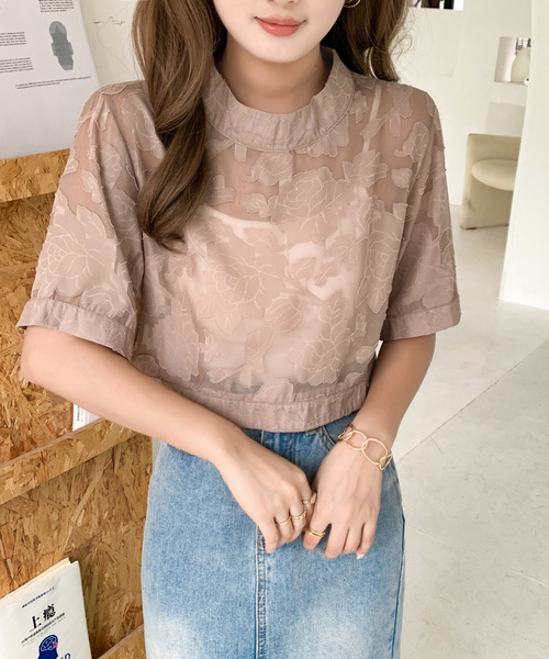 ブラウス シャツ 花柄シアー5分袖ブラウス レディース