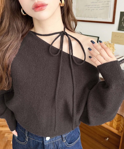 ♡新品タグ付♡　ルフィル　ヴィスストレッチニットポンチョ　ホワイト　ボーダー GRL（グレイル）の「リボンベルト付ニットポンチョXワンピースX