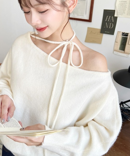 ♡新品タグ付♡　ルフィル　ヴィスストレッチニットポンチョ　ホワイト　ボーダー GRL（グレイル）の「リボンベルト付ニットポンチョXワンピースX