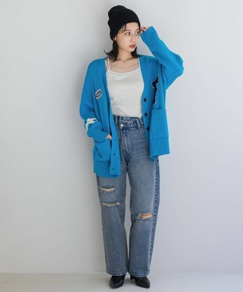 【美品】BETTY'S BLUE ニット　カーディガン　ファスナー　熊　ワッペン カーディガン 「ZOZOTOWN限定」ワッペン刺繍 ビッグカーディガン