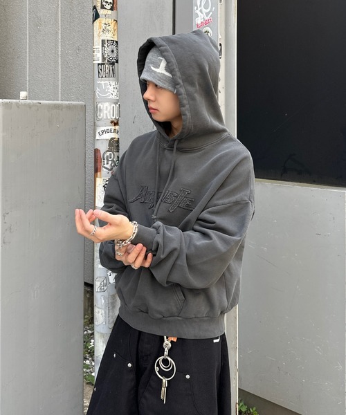 パーカー ピグメント裏毛フーディー レディース メンズ X-girl パーカー PIGMENT DYED FACE LABEL ZIP UP SWEAT HOODIE