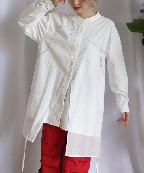 ブラウス シャツ ステッチ×Mixロングシャツ レディース
