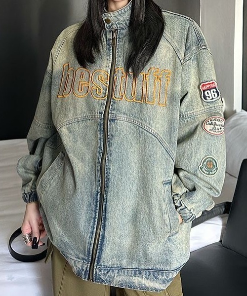 【希少】ピア　レーシング　デニム　レザー　ロングコート　刺繍　ワッペン　ブルゾン 特大 GM JH DESIGN コットンレーシングジャケット メンズUS-3XL