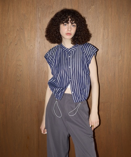 ストライプドローストリングショートシャツ　ブラック MAISON SPECIAL（メゾンスペシャル）の「Stripe Drawstring
