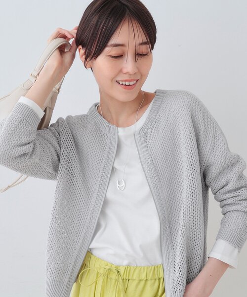 【洗える／コットン100％】メッシュ柄ニットブルゾン INDIVI カーディガン 「洗える／コットン100％」メッシュ柄