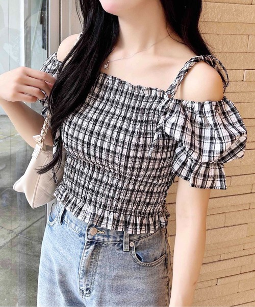 INGNI（イング） ブラウス シャツ 肩リボンシャーリングチェック柄