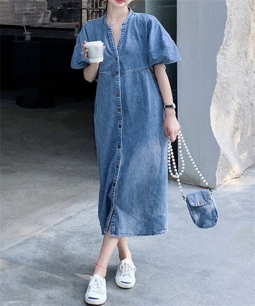 Dream garden（ドリームガーデン） ワンピース 半袖 Vネックフロント釦